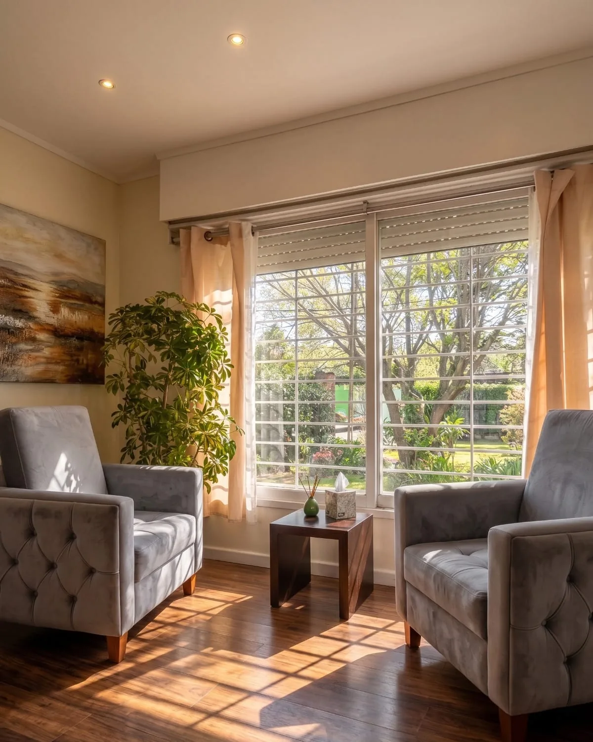 Consultorio cálido con dos sillones enfrentados y una ventana con luz natural al jardín